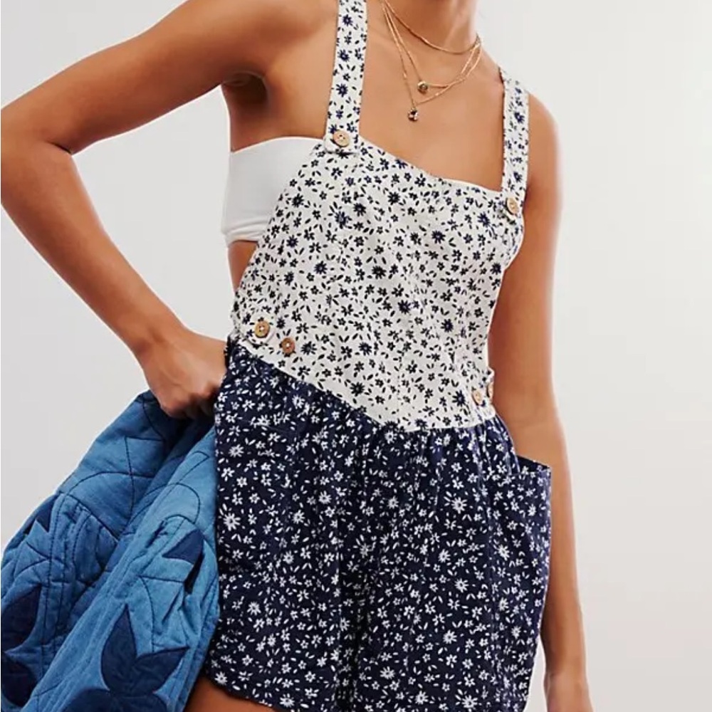 Free People Floral Jumpsuit in Navy and White